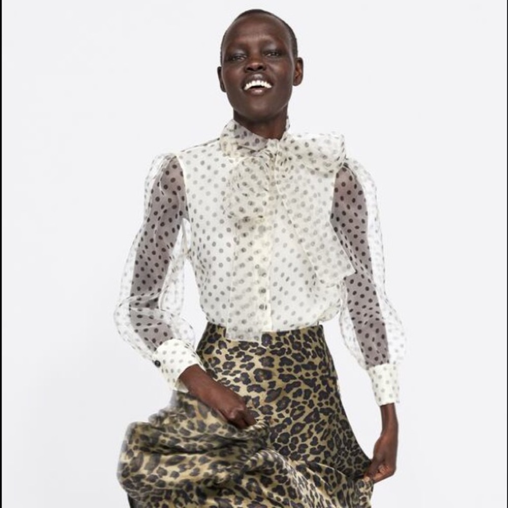 Zara Organza Semi-Sheer Blouse Top w/Tie Polka Dot